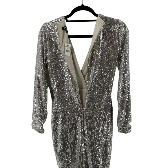 NWT Express Women's Long Sleeve Silver Sequin V Neck Cocktail Party Dress XS - Picture 7 of 15